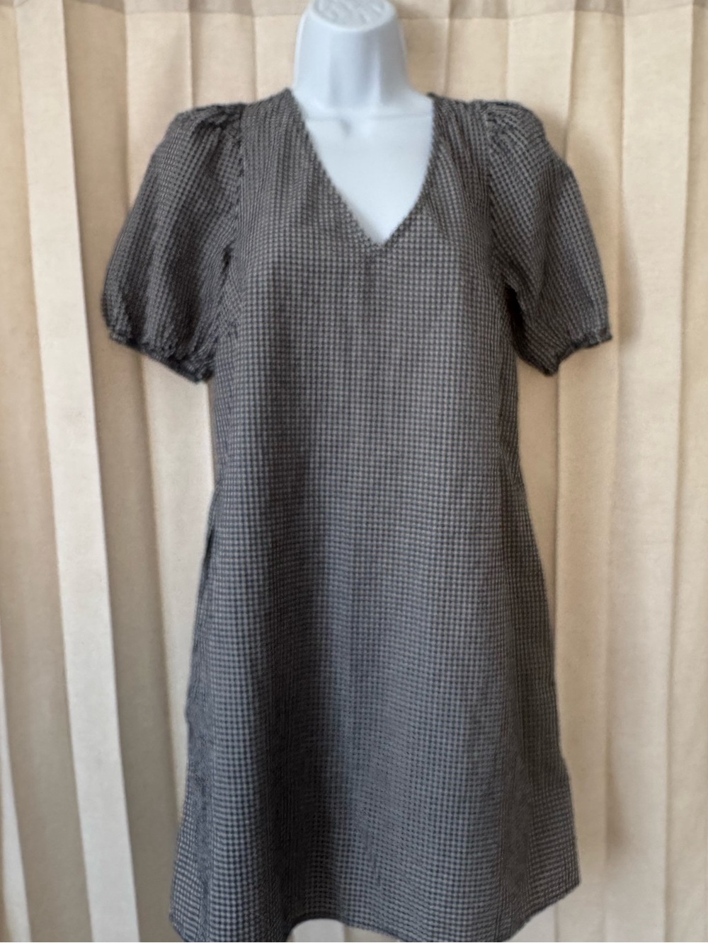 wild fable Black and White Gingham V-Neck Puff Sleeve Dress